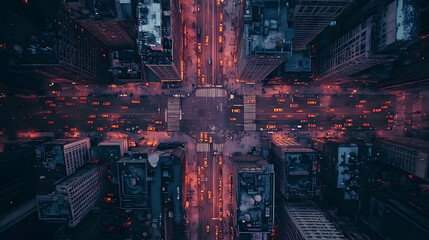 Sticker - Aerial view of a bustling city intersection at dusk.