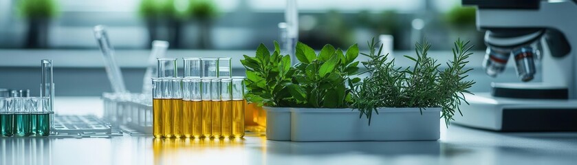 Detailed shot of herbal plants on a sterile laboratory table, next to test tubes and high-tech equipment