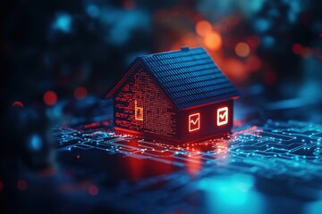 Poster - Illuminated smart cottage standing on a digital circuit board background representing the of modern technology and sustainable residential architecture in a futuristic night scene