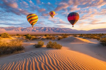 Multiple hot air balloons flying over a vibrant desert landscape at sunset, casting long shadows across the dunes