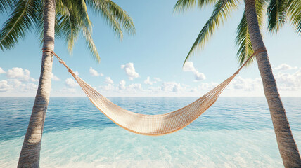 serene hammock sways gently between two palm trees, overlooking tranquil ocean. clear blue sky and calm waters create perfect tropical escape