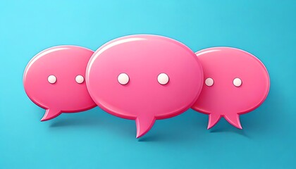 A vibrant design featuring three pink speech bubbles on a blue background, symbolizing communication and conversation.