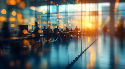 Poster - Office silhouettes at sunset with reflections and bokeh effects.