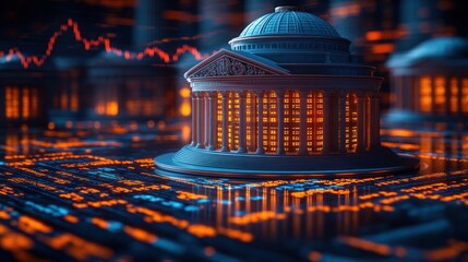 Poster - A digital rendering of a classical building amidst data streams.