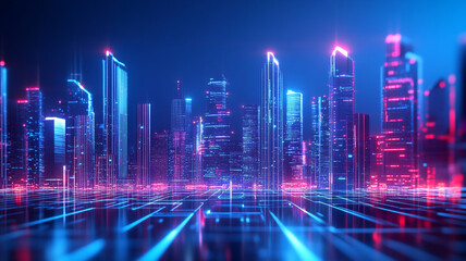 Wall Mural - Futuristic city skyline illuminated by neon lights at night with a digital grid in the foreground