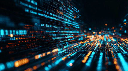 Fototapete - Vibrant blue and orange data streams flow steadily through a dark digital landscape at night
