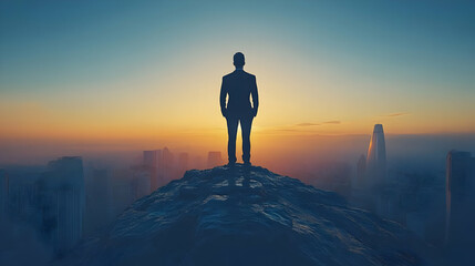 Wall Mural - A silhouetted figure stands atop a rocky peak at sunset.