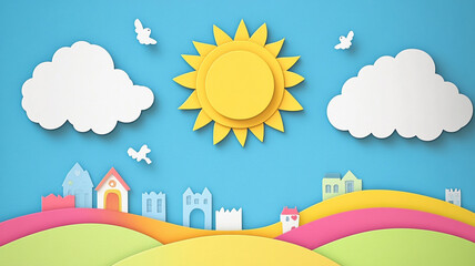 Bright paper craft landscape with sun, clouds, and colorful hills featuring small houses