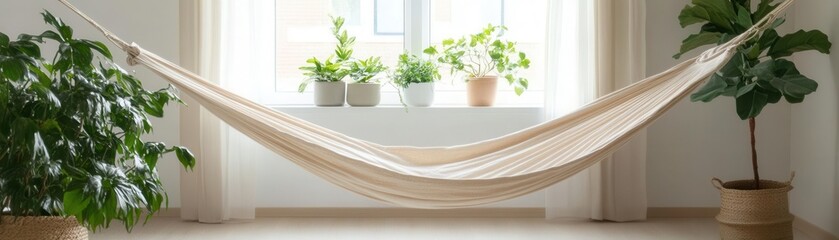 Indoor hammock by a window with soft natural light filtering through, symbolizing relaxation and peace