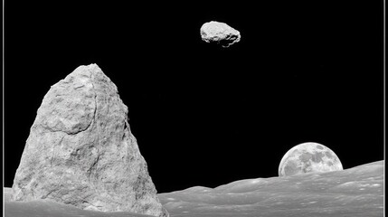 A grayscale photo of a rocky lunar landscape with a large, round moon in the background and a smaller rock formation in the foreground.