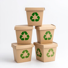 Stacked recycling boxes with green symbols on a white background.