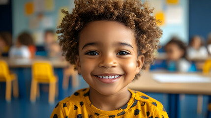 Wall Mural - A smiling child in a classroom setting, engaging with peers.