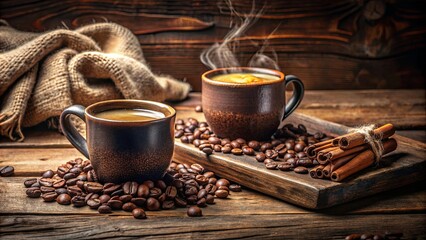 Aromatic Steam Rising from Two Cups of Coffee, Surrounded by Roasted Beans and Bound Cinnamon Sticks on a Rustic Wooden Surface