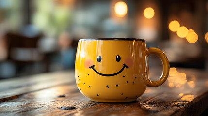 Poster - A cheerful yellow mug with a smiley face on a wooden table.