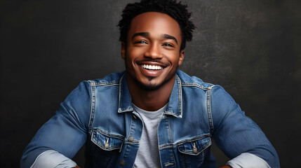 Sticker - Smiling man in denim jacket against a dark background.