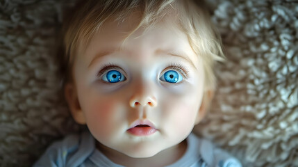 Canvas Print - Close-up of a curious baby with striking blue eyes on a soft surface.