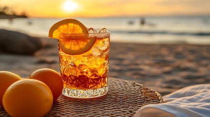 Canvas Print - A cocktail with oranges on a beach during sunset.