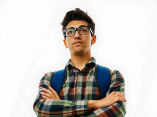 Wall Mural - A young man with glasses and a plaid shirt is looking up at the camera. He is wearing a backpack and has his arms crossed. Concept of curiosity and contemplation, as the man is deep in thought