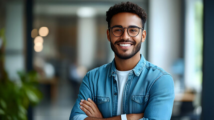 Wall Mural - Smiling man in a casual outfit, standing confidently indoors.