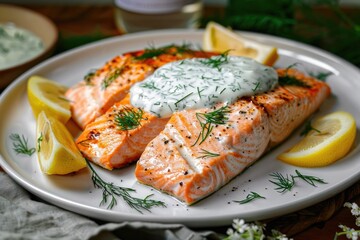 Salmon fillet with creamy dill sauce and lemon wedges