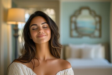 Wall Mural - High-resolution brightly lit photorealistic candid photograph of a beautiful presenter woman in a spa, smiling gently as she enjoys the peaceful ambiance created by elegant spa decor. The photograph