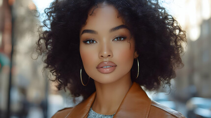 Poster - Portrait of a young woman with curly hair in a stylish outfit.