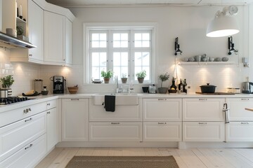 Elegant white kitchen with cozy atmosphere and modern elements