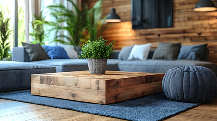 Wall Mural - Cozy living room with wooden furniture and plants.