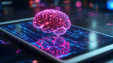 Poster - A glowing brain hologram above a smartphone screen with data.