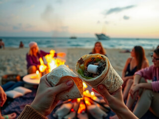 Wall Mural - A group of people are sitting around a fire on a beach, holding up burritos and marshmallows