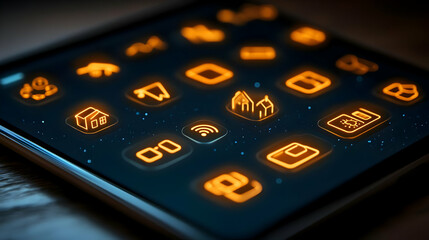 A collection of glowing orange icons on a dark interface.