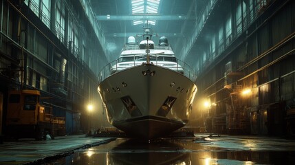 Large yacht undergoing maintenance in dry dock with dramatic lighting and industrial surroundings