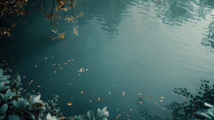 Canvas Print - Serene Reflection on Calm Water Surface with Leaves