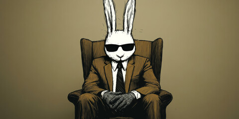 A white rabbit in a suit and sunglasses sits in a chair with a serious expression.