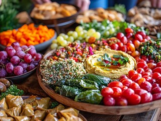 A large wooden platter filled with a variety of colorful and healthy appetizers, including hummus, grapes, olives, and stuffed grape leaves.