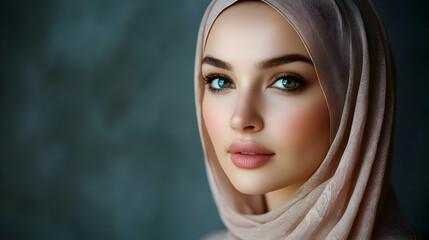 Wall Mural - Portrait of a woman in a hijab with captivating features.