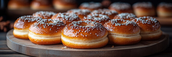 Freshly baked donuts with a sprinkle of sugar on a wooden board.