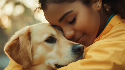 A young girl cuddles her golden retriever dog, their faces close together, showcasing a loving bond.