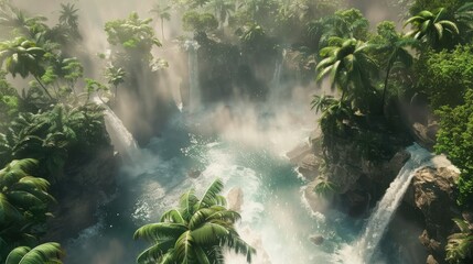 Wall Mural - Tropical Paradise with Waterfalls and Lush Vegetation