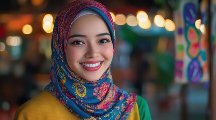 a young malay muslim woman in a colorful hijab, smiling radiantly and exuding warmth and positivity, surrounded by cultural elements that celebrate her heritage and identity