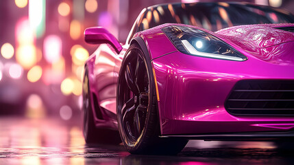 Wall Mural - A vibrant pink sports car showcased in a neon-lit urban setting.