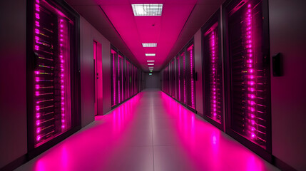 Sticker - Data center hallway illuminated in pink light with server racks.