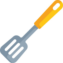 Canvas Print - Slotted metal spatula with a yellow plastic handle is laying isolated on a white background