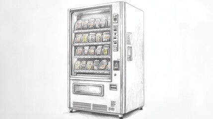 Poster - A detailed pencil drawing of a futuristic vending machine showcasing food items with a sleek, transparent design for an innovative dining experience