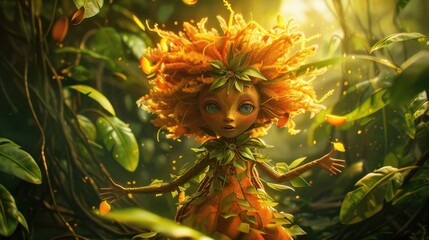 Poster - A girl with orange hair and green leaves on her dress is standing in a jungle. The scene is bright and colorful, with lots of green foliage and sunlight. The girl appears to be happy and carefree