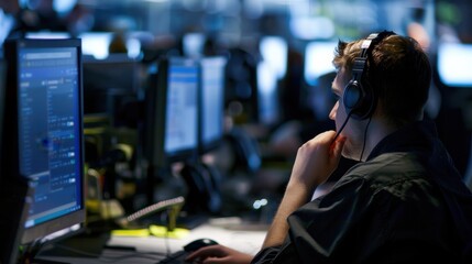 Aufkleber - Busy office worker in a call center wearing a headset while managing multiple computer screens during a hectic shift