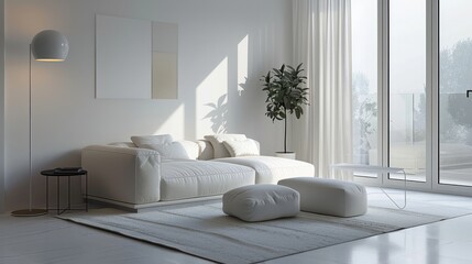 Poster - A white living room with a white couch, white pillows, and white curtains. The room is bright and airy, with a large window letting in natural light. A potted plant sits on a table