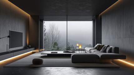 Poster - A living room with a large couch and a TV. The room has a modern and minimalist design