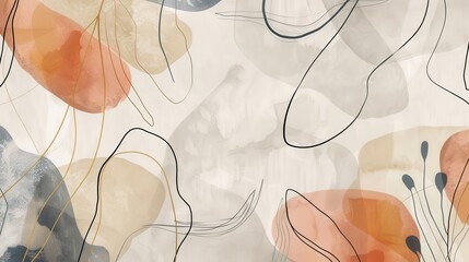 Aufkleber - Abstract minimalist wallpaper featuring flowing lines and soft shapes in muted tones for a calming interior decor
