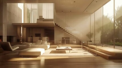 Poster - A large open living room with a staircase leading up to a second floor. The room is filled with white furniture and has a modern, minimalist design